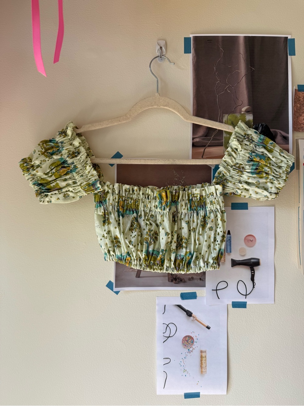 Handmade Smocked Deadstock Toile Off-Shoulder Crop Top in Light Green